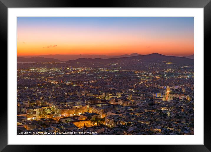 Panoramic view of Athens city from Lykavittos Hill at sunset time Framed Mounted Print by Chun Ju Wu