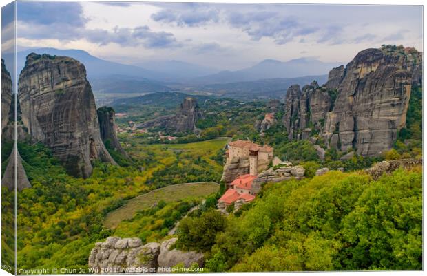 Landscape of monastery and rock formation in Meteora, Greece Canvas Print by Chun Ju Wu
