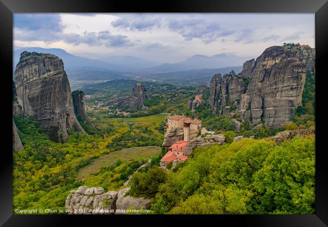 Landscape of monastery and rock formation in Meteora, Greece Framed Print by Chun Ju Wu
