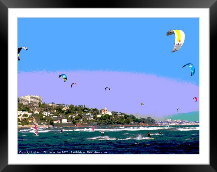 Posterized kite surfers and windsurfers on Palm beach Framed Mounted Print by Ann Biddlecombe