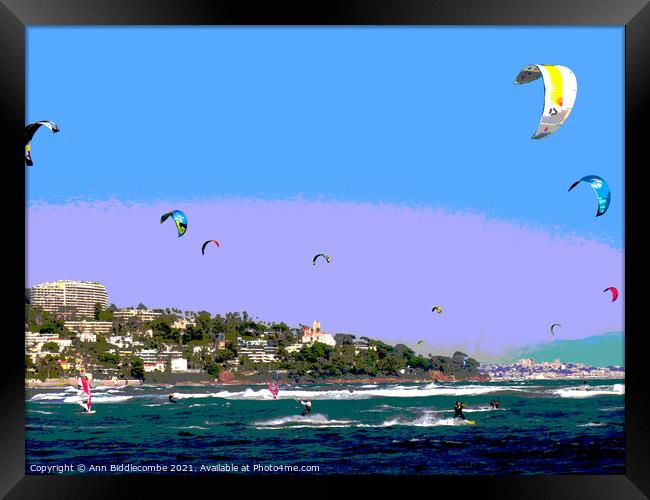 Posterized kite surfers and windsurfers on Palm beach Framed Print by Ann Biddlecombe