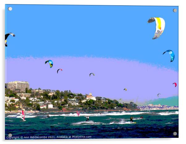 Posterized kite surfers and windsurfers on Palm beach Acrylic by Ann Biddlecombe