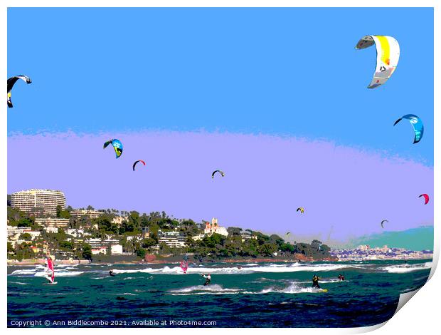 Posterized kite surfers and windsurfers on Palm beach Print by Ann Biddlecombe