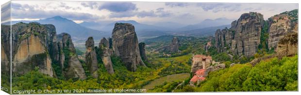 Panorama of the landscape of monastery and rock formation in Meteora, Greece Canvas Print by Chun Ju Wu