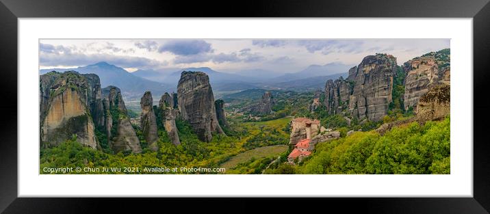 Panorama of the landscape of monastery and rock formation in Meteora, Greece Framed Mounted Print by Chun Ju Wu