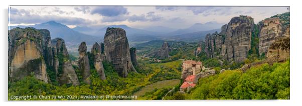 Panorama of the landscape of monastery and rock formation in Meteora, Greece Acrylic by Chun Ju Wu