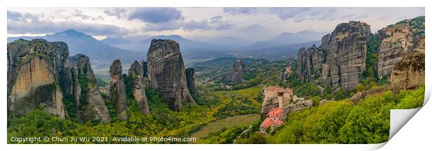 Panorama of the landscape of monastery and rock formation in Meteora, Greece Print by Chun Ju Wu