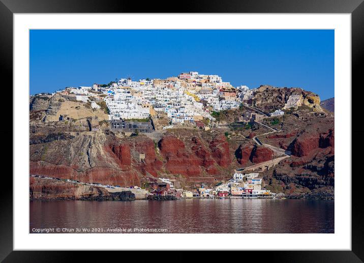 View of the white buildings of Oia village from Aegean Sea, Santorini, Greece Framed Mounted Print by Chun Ju Wu