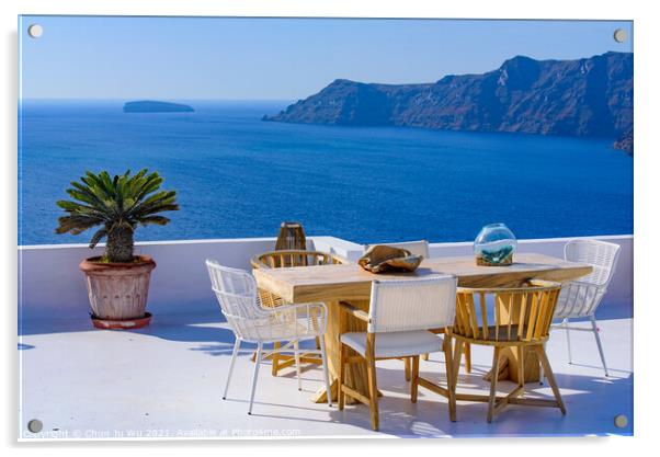 Outdoor seats facing Aegean Sea in Oia, Santorini, Greece Acrylic by Chun Ju Wu
