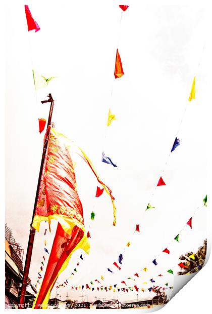 Colourful Festival Flags On Chung Chau Island, Hong Kong Print by Peter Greenway