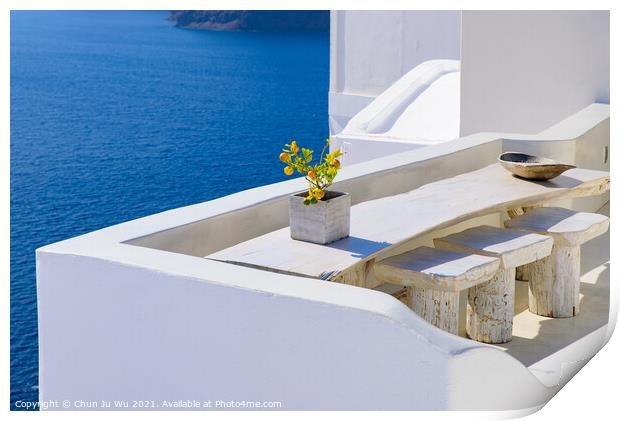 Outdoor seats facing Aegean Sea in Oia, Santorini, Greece Print by Chun Ju Wu