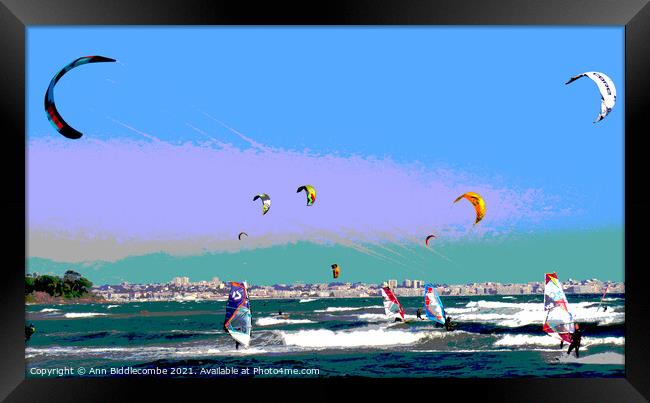Posterized windsurfers and kite surfers  Framed Print by Ann Biddlecombe