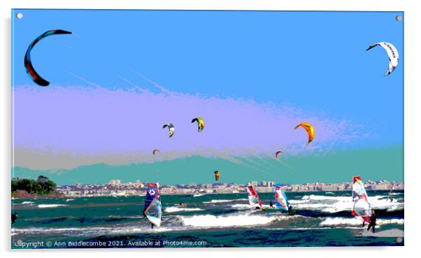 Posterized windsurfers and kite surfers  Acrylic by Ann Biddlecombe
