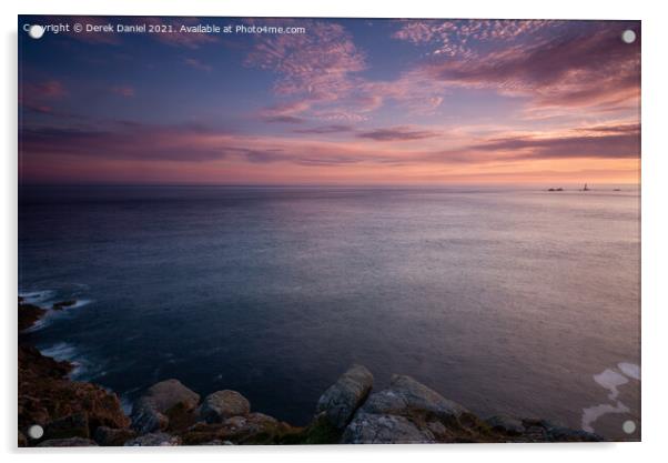 Longships Lighthouse, sunset, Lands End, Cornwall Acrylic by Derek Daniel