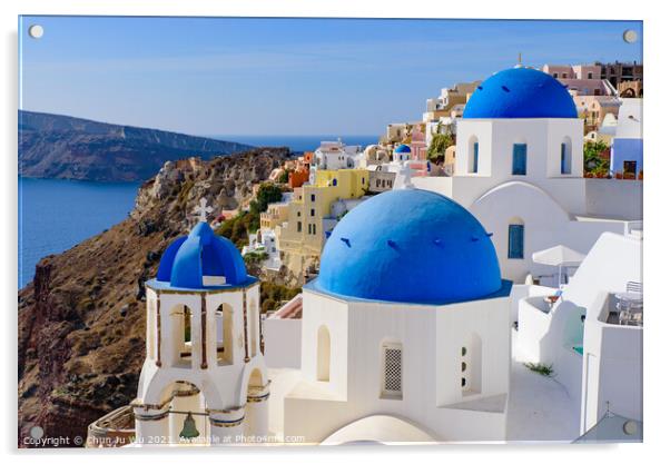 Blue domed church and traditional white houses facing Aegean Sea in Oia, Santorini, Greece Acrylic by Chun Ju Wu