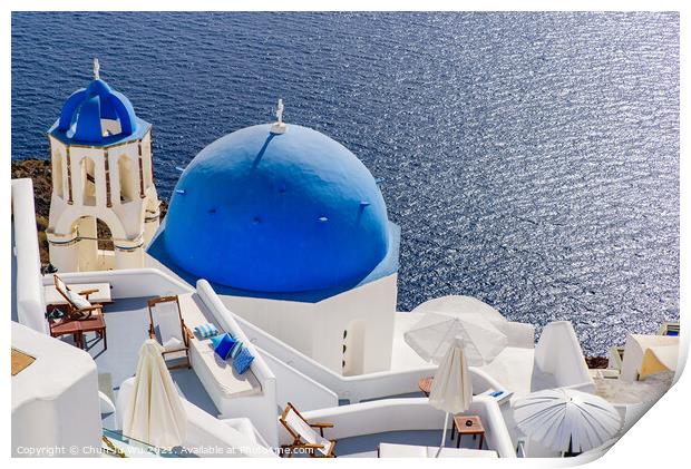 Blue domed church and traditional white houses facing Aegean Sea in Oia, Santorini, Greece Print by Chun Ju Wu