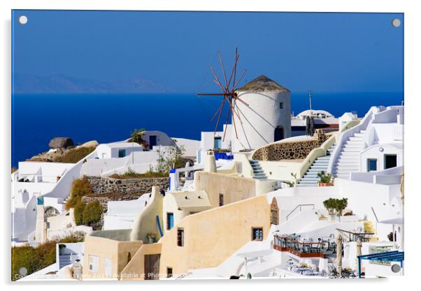 Windmill and traditional white buildings facing Aegean Sea in Oia, Santorini, Greece Acrylic by Chun Ju Wu