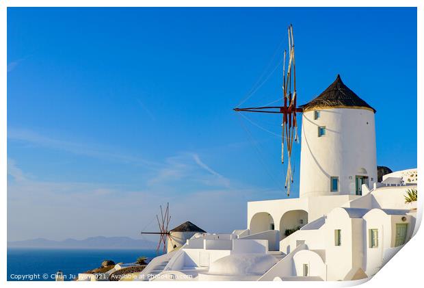 Windmill and traditional white buildings facing Aegean Sea in Oia, Santorini, Greece Print by Chun Ju Wu