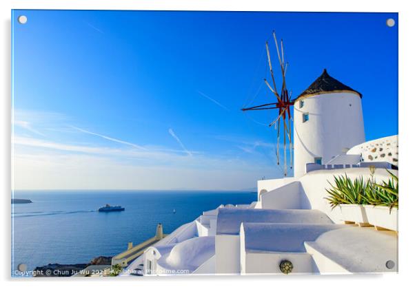 Windmill and traditional white buildings facing Aegean Sea in Oia, Santorini, Greece Acrylic by Chun Ju Wu