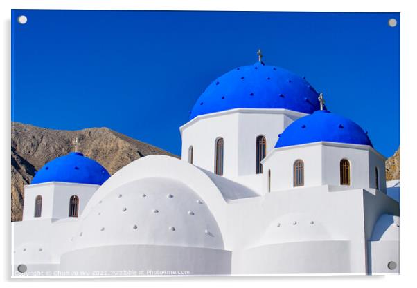 Blue domed church in Santorini, Greece Acrylic by Chun Ju Wu
