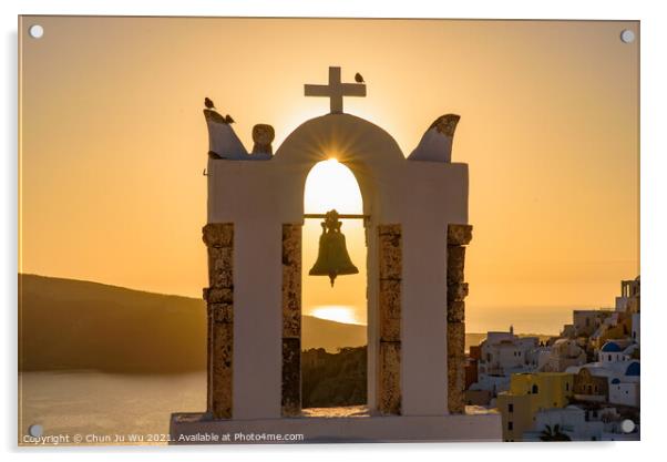 Bell tower with warm sunset light in Oia, Santorini, Greece Acrylic by Chun Ju Wu