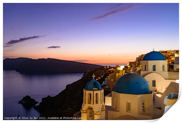 Blue domed churches and traditional white houses facing Aegean Sea with warm sunset light in Oia, Santorini, Greece Print by Chun Ju Wu