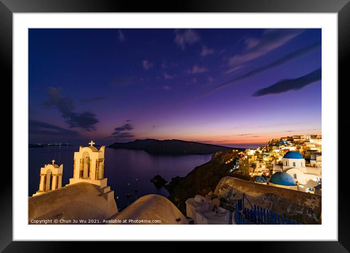 Night view of blue domed churches and bell tower facing Aegean Sea in Oia, Santorini, Greece Framed Mounted Print by Chun Ju Wu