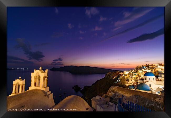 Night view of blue domed churches and bell tower facing Aegean Sea in Oia, Santorini, Greece Framed Print by Chun Ju Wu