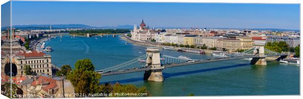 Panorama of Hungarian Parliament Building, Széchenyi Chain Bridge, and River Danube in Budapest, Hungary Canvas Print by Chun Ju Wu