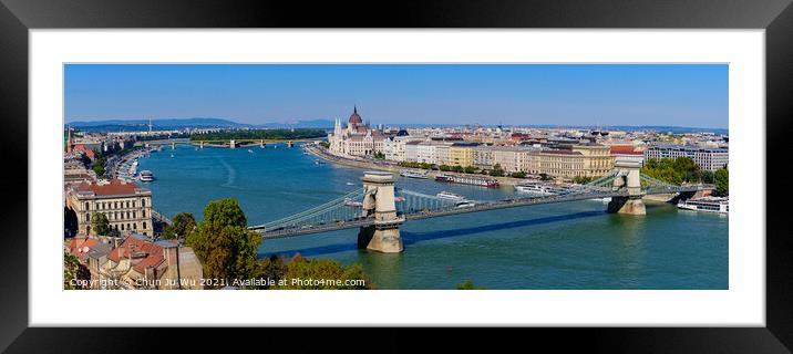 Panorama of Hungarian Parliament Building, Széchenyi Chain Bridge, and River Danube in Budapest, Hungary Framed Mounted Print by Chun Ju Wu