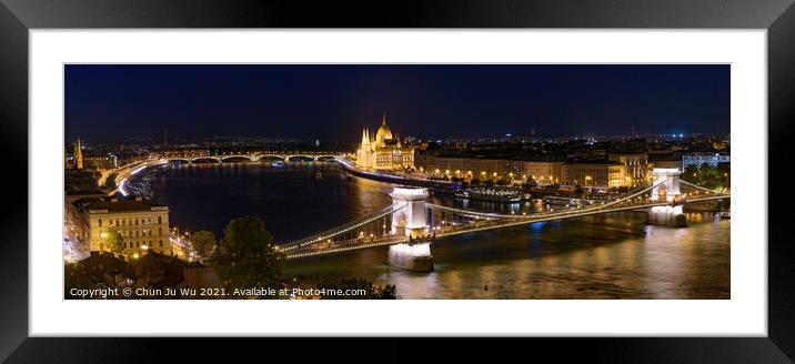 Night panorama of Hungarian Parliament Building, Széchenyi Chain Bridge, and River Danube in Budapest, Hungary Framed Mounted Print by Chun Ju Wu