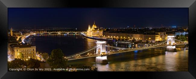 Night panorama of Hungarian Parliament Building, Széchenyi Chain Bridge, and River Danube in Budapest, Hungary Framed Print by Chun Ju Wu