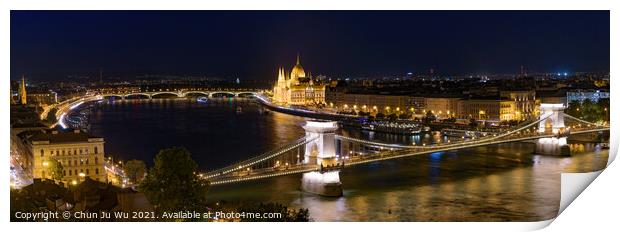 Night panorama of Hungarian Parliament Building, Széchenyi Chain Bridge, and River Danube in Budapest, Hungary Print by Chun Ju Wu