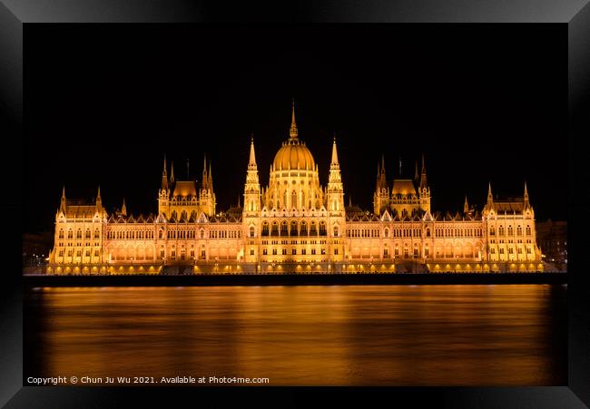 Night view of Hungarian Parliament Building on the banks of the Danube, Budapest, Hungary Framed Print by Chun Ju Wu