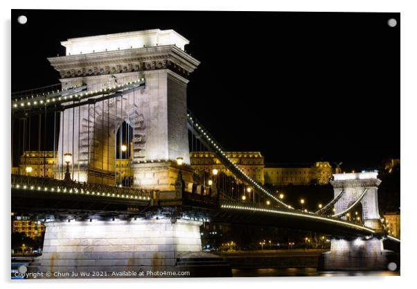 Night view of Széchenyi Chain Bridge across the River Danube connecting Buda and Pest, Budapest, Hungary Acrylic by Chun Ju Wu