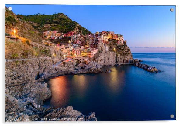 Sunset and night view of Manarola, one of the five Mediterranean villages in Cinque Terre, Italy, famous for its colorful houses and harbor Acrylic by Chun Ju Wu