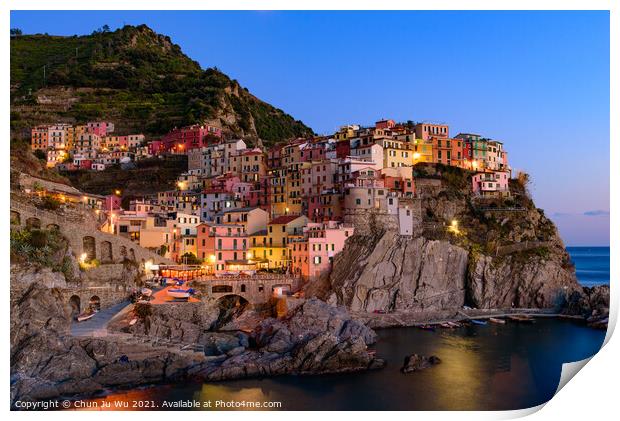 Sunset and night view of Manarola, one of the five Mediterranean villages in Cinque Terre, Italy, famous for its colorful houses and harbor Print by Chun Ju Wu