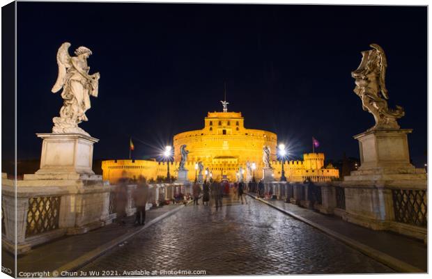 Night view of Castel Sant'Angelo and Ponte Sant'Angelo in Rome, Italy Canvas Print by Chun Ju Wu