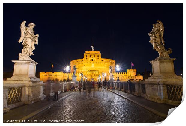 Night view of Castel Sant'Angelo and Ponte Sant'Angelo in Rome, Italy Print by Chun Ju Wu