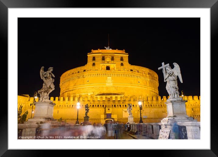 Night view of Castel Sant'Angelo and Ponte Sant'Angelo in Rome, Italy Framed Mounted Print by Chun Ju Wu