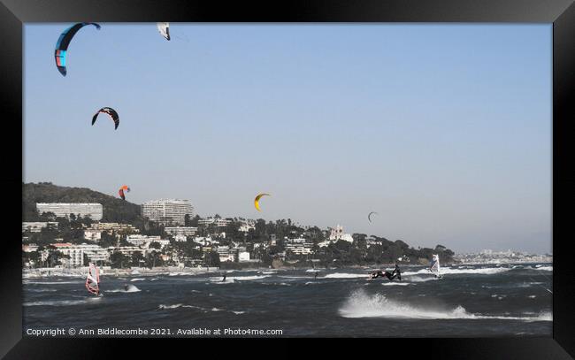 Kite surfer jump Framed Print by Ann Biddlecombe