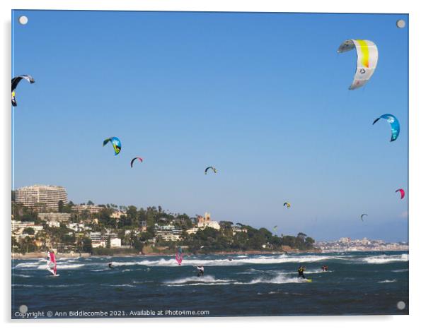 kite surfers and windsurfers on Palm beach Acrylic by Ann Biddlecombe