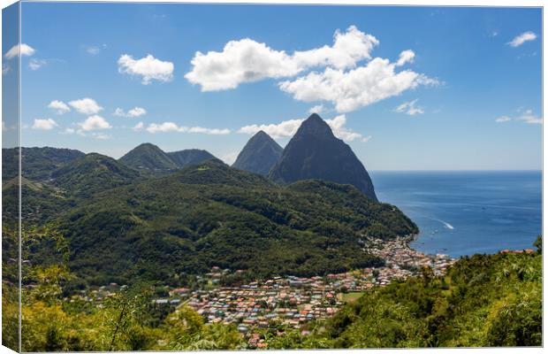 The Pitons and Soufriere Bay on St Lucia Canvas Print by Roger Green
