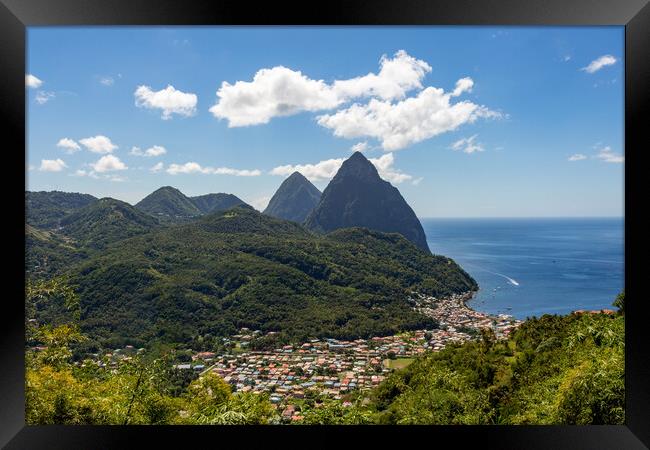 The Pitons and Soufriere Bay on St Lucia Framed Print by Roger Green