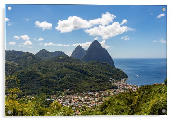 The Pitons and Soufriere Bay on St Lucia Acrylic by Roger Green