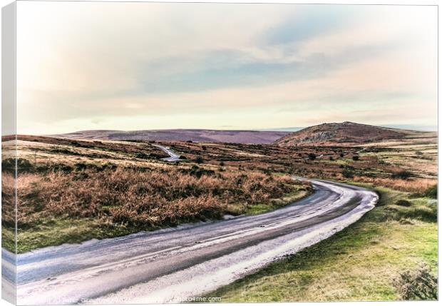 Winding Road Through Dartmoor In Devon At Sunset Canvas Print by Peter Greenway