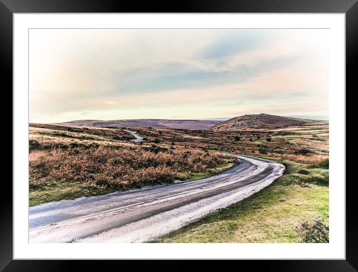 Winding Road Through Dartmoor In Devon At Sunset Framed Mounted Print by Peter Greenway