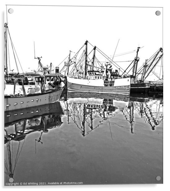 Abstract Black and white of fishing boats. Acrylic by Ed Whiting