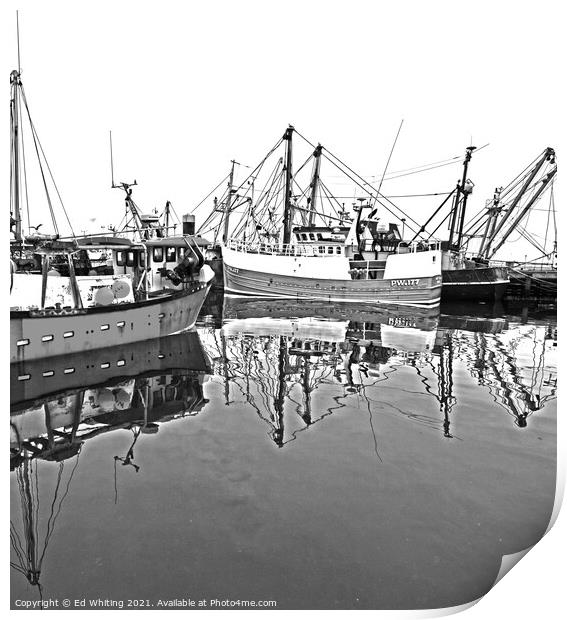 Abstract Black and white of fishing boats. Print by Ed Whiting