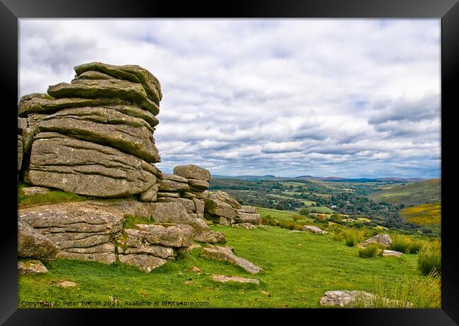 Dartmoor looking towards the south. Devon, UK. Framed Print by Peter Bolton